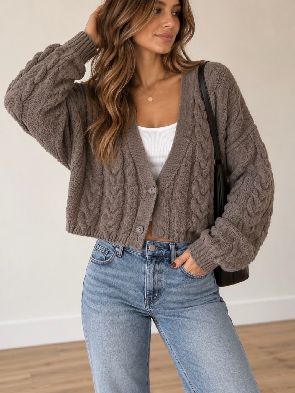 wild fable Cable Knit Cropped Cardigan - Taupe